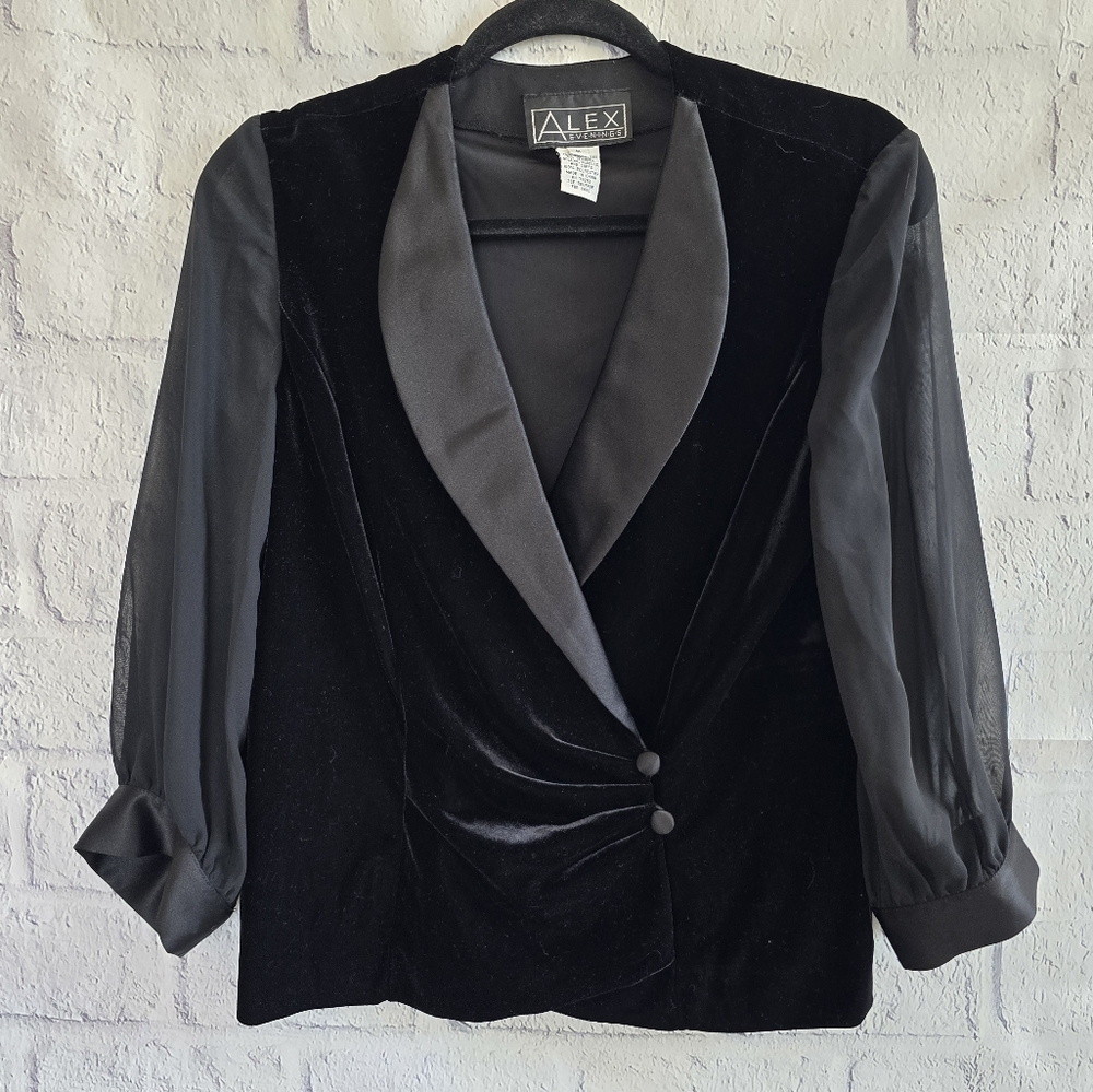 Alex Evenings All‎ Black Velvet Blazer Sheer Sleeves Medium